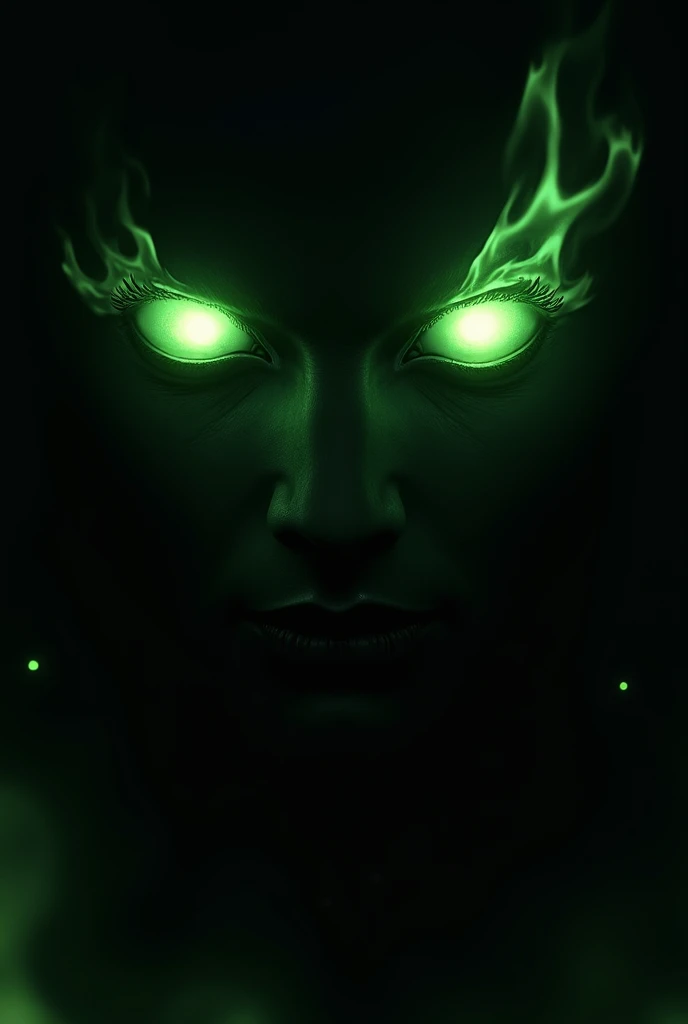 Black background with green eyes on fire 