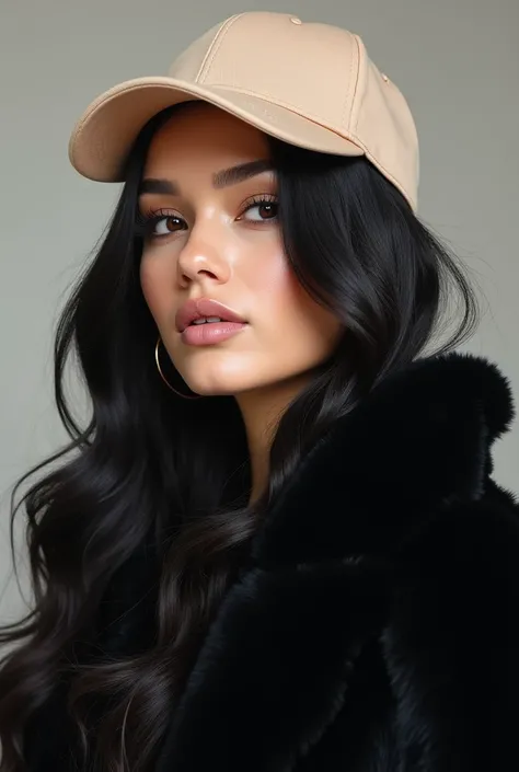 Trendy, fashionable,black long hair with big volume, beige color Cap, brown eye with long lashes and smokey eyeliner, simple makeup, gloss on lips, be sure to add helix pearcing on ear and some simple earrings, black trendy fur coat, be sure to add beige c...