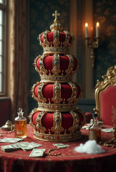 Four different Empress crowns stacked on a table .  There are weapons white powder money liquor on the table is in a very elegant place 