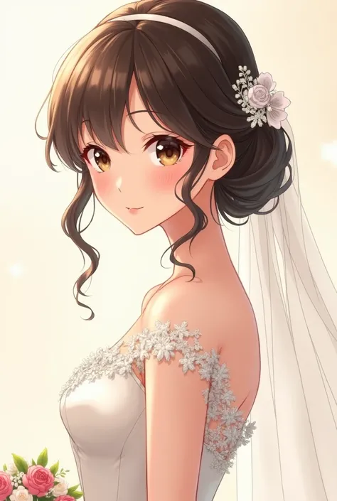 A GIRL WITH DARK BROWN HAIR AND LIGHT BROWN EYES, beautiful , linda, tender,  Beautiful hairstyle, ADULT TYPE DRESSED FOR HER WEDDING . anime illustration