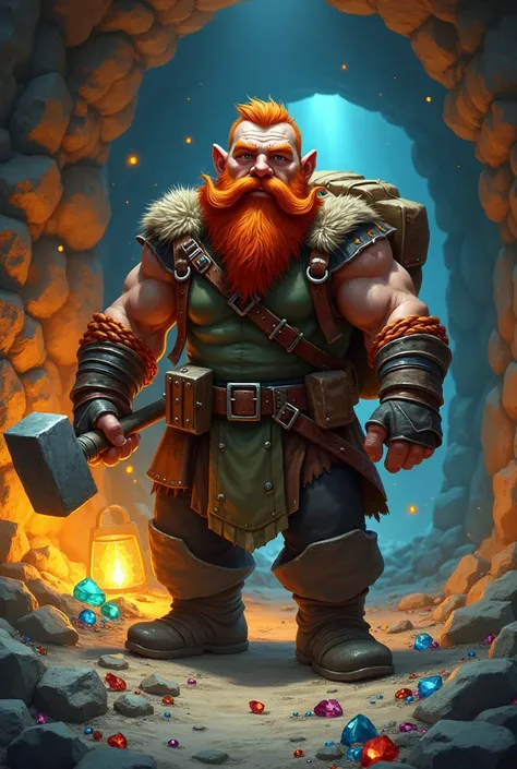 A red-haired dwarf with a beard braided at two ends and named Blain ,  who has a giant hammer as a good miner.  I want the dwarf to be in a mine extracting gems and storing them in his bag.
