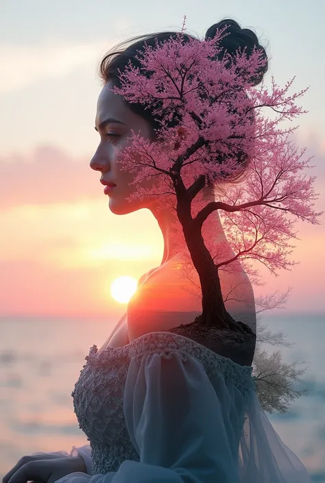 high quality, 8K Ultra HD, A beautiful double exposure that combines an goddess silhouette with sunset coast, sunset coast should serve as the underlying backdrop, with its details incorporated into the goddess , crisp lines, The background is monochrome, ...