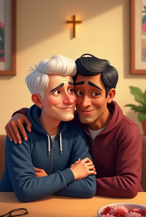  in a warm and cozy atmosphere ,  two men of approximately 50 years old are sitting together ,  capturing a moment of connection and complicity .  The scene is illustrated in the characteristic Disney or Pixar style ,  full of vibrant colors and emotional ...