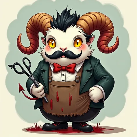 a demon with paper white skin, 1870s male fashion, no mouth, a big fat round body, handlebar mustache, inky black hair with red and gold highlights sleeked back, friendly looking, approachable, kind looking, wearing a 1870s suit, large scissors for hands, ...