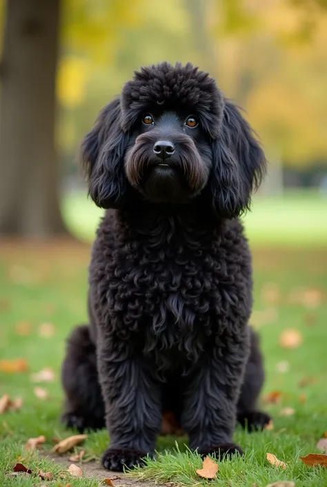 A black and fluffy Barbet dog in a park with trees