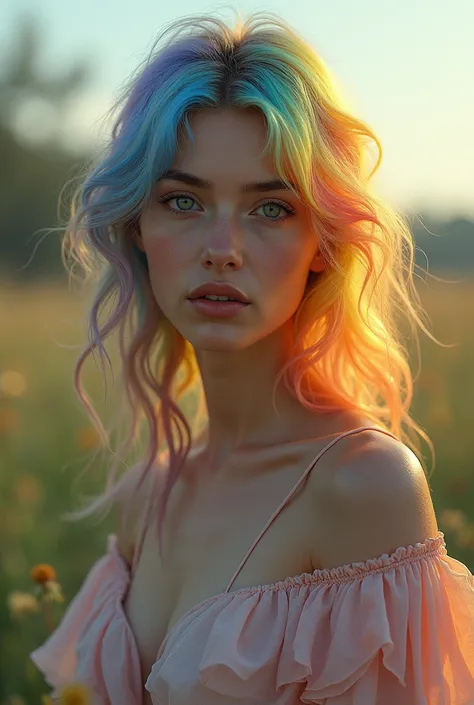 woman, Fluffy hair, Rainbow Hair, Outdoor, chest, Off the shoulder