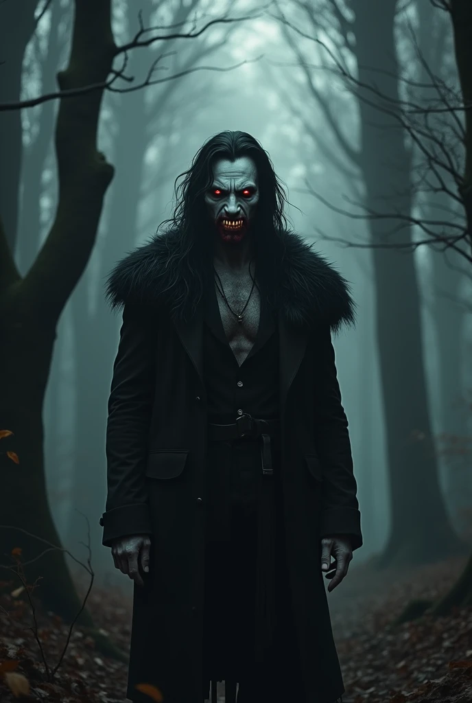  Create a white-skinned man ,  red eyes ,  long black hair ,  blood oozing from his mouth he wears a black suit with black wolf skin.  His appearance is raw and strong . It looks a bit dirty . Medieval time setting in the middle of a dark forest
