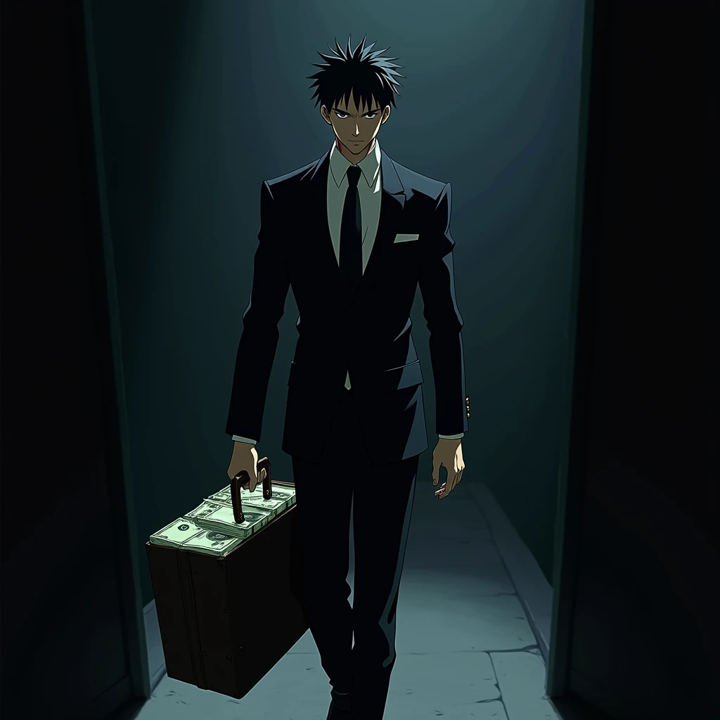 anime guy with briefcase full of money, money is showing, dark, shadow