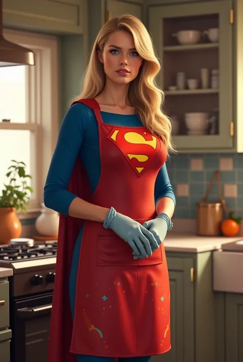 Supergirl wearing apron and kitchen gloves