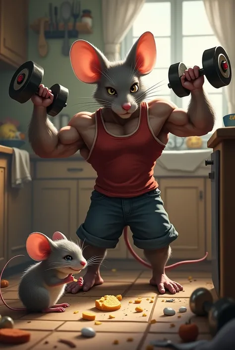 The Weak Mouse Being Taunted Description: A small, skinny mouse with light gray fur sits in the corner of a messy kitchen, eating a tiny piece of cheese. He has a sad expression on his face while a muscular mouse with shiny brown fur and a tank top points ...