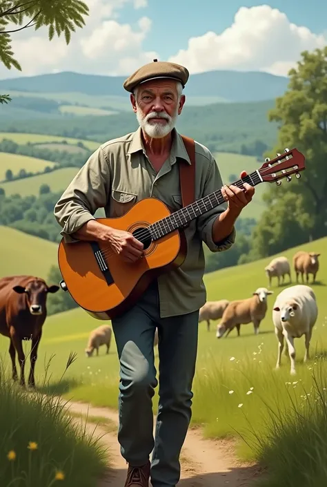 White man in his 60s with gray hair, short beard and a beret, with buttoned shirt, medium complexion playing his Creole guitar while walking, in the countryside full of cattle and sheep
