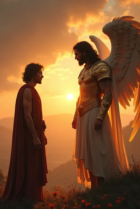  Adam from the Bible talking to an angel in golden armor,  in the sunset background ,  with white and dark novena, 4K,  realistic photo , Realistic text 