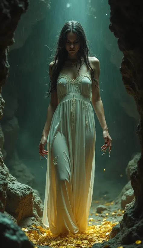 An ethereal woman dressed in white, with a melancholy expression, floating in a dark cave. Golden lights emanate around her, reflecting off the damp walls of the cave, enhancing the haunting and tragic atmosphere. she is surrounded by gold coins. Shes scar...