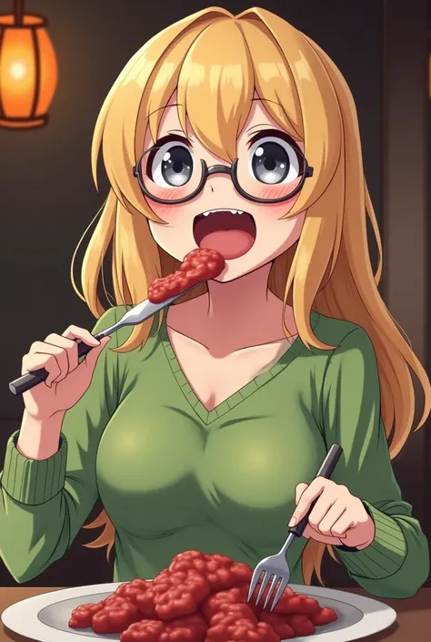  anime-style lantern: A  blonde girl with glasses keeps her mouth open like this 
So you can see all your teeth and tongue,she also has gray eyes, she is wearing a green sweater and she also has bare breasts ,and she has a knife and fork in her hands And s...