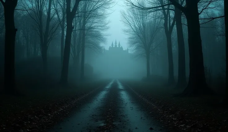 
Scene: A long, straight path lined with fallen leaves and shadowy trees leads to the hotel. The building is barely visible in the distance, its silhouette blurred by an ominous fog.

Prompt:
"A long, straight dirt path leading to a mysterious hotel barely...