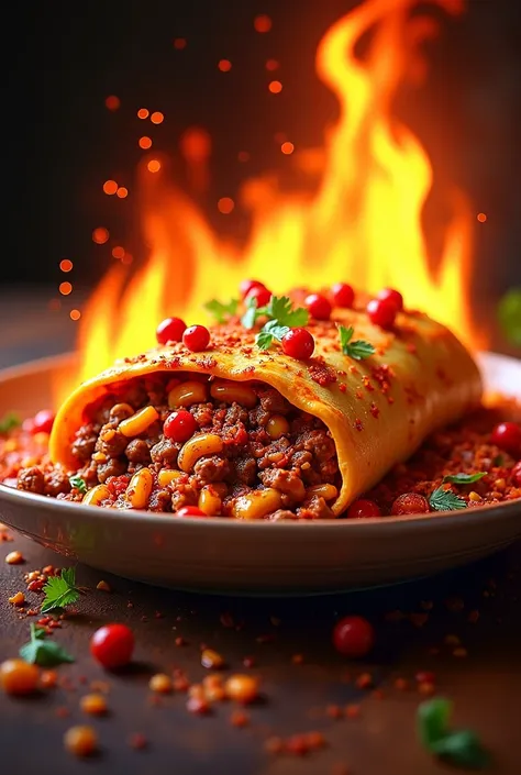 Create a logo for my business with an enchilada meal with lots of chili picositas that says Flamitas 