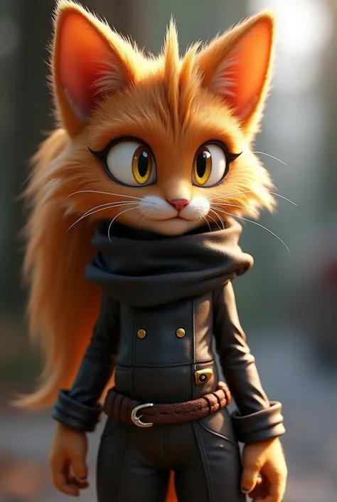 Brown feminine cat with yellow eyes, with beautiful cool dark outfit something like wearing with pants or cool dress, something like gorgeous clothes from female characters from Sonic, in the style of Sonic from the game