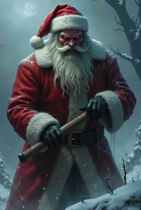 a santa holding a axe over his shoulder, dark theme 