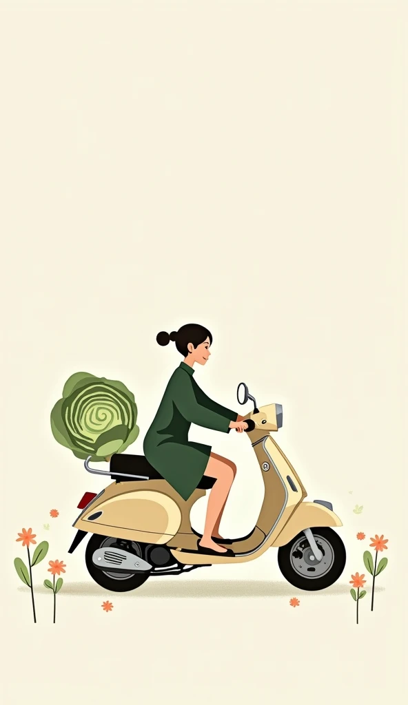 "A minimalist artwork of a  sitting on a scooter designed with cabbage and vegetable elements. The focus is on clean lines and subtle textures, with the ’s outfit and the scooter having simplified, elegant details. The background is minimal, with just a fe...