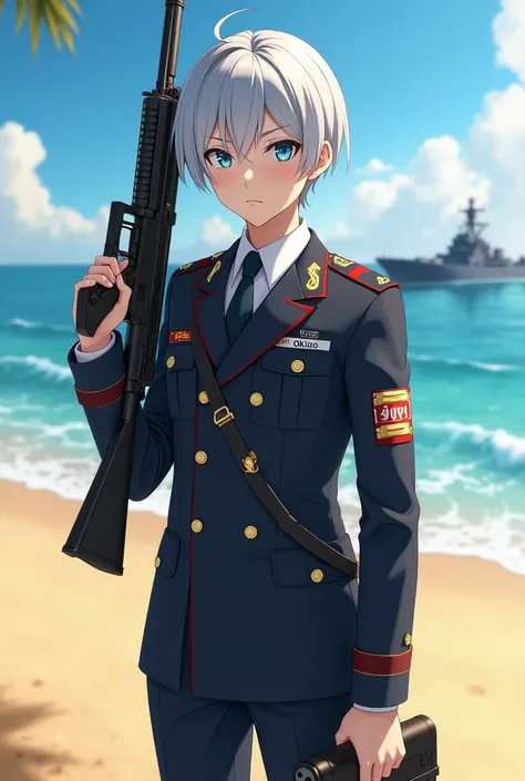 Realistic, Anime, 3D, A male Commander holding a gun, silver hair blue eyes, background on the beach and in the ocean there is a warship, on the right arm there is a Joy8 name patch, OKIZO name tag