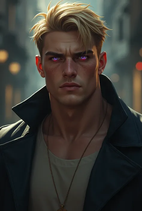 Tall and strong man, dark short blond hair, long eyes purple-red, freckles on the nose, serious but nice look, strong hand with thin fingers, round face