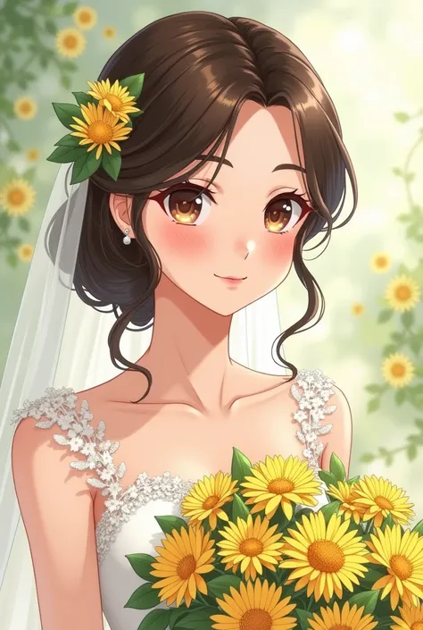  A 28-YEAR-OLD ADULT GIRL WITH DARK BROWN HAIR AND LIGHT BROWN EYES, beautiful , linda, tender,  Beautiful hairstyle, ADULT TYPE DRESSED FOR HER WEDDING . with a large bouquet ,  a dandelion hair and artificial flowers , In the background a natural green b...