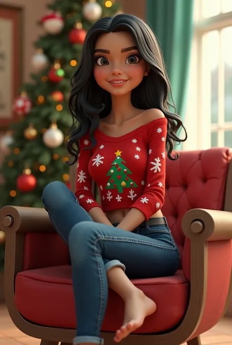 Ronnie Ann from the Casagrandes with an anatomically correct body wearing skinny jeans and Christmas shirt, while sitting on a chair 