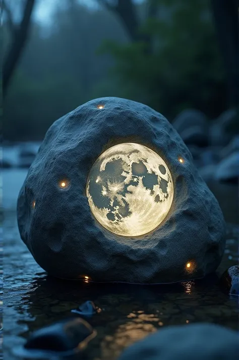 Show me a flat river stone attached to it the image of the full Moon this image will have some relief and LED lights around the stone