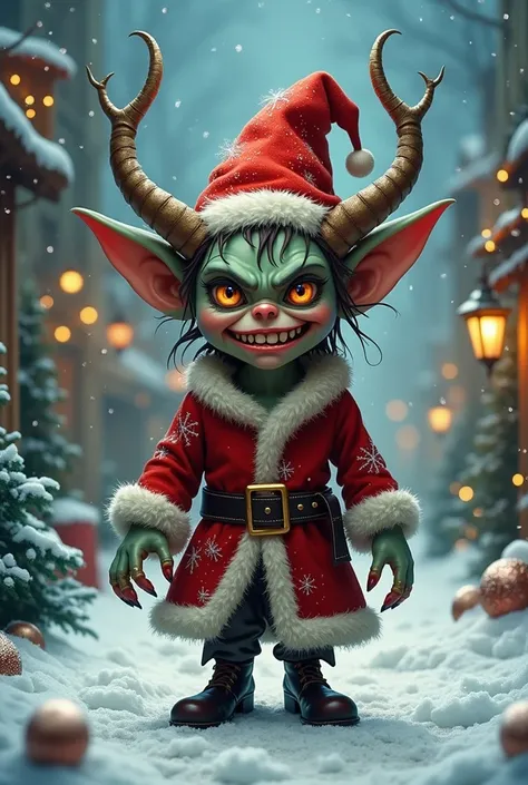 A Christmas elf mixed with the character Krampus who is very mischievous and Christmassy who doesnt like Christmas much and is angry 