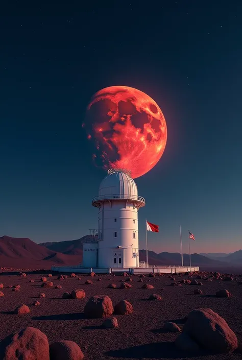  Take a thumbnail Atacama in Chile with a very striking white telescopic observatory at night with bright stars and a waning red moon with a strong color.  Below an arid terrain with rocks and gravels . And flags  