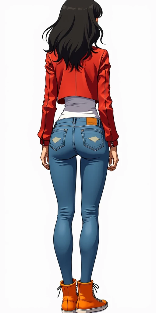 Akira Yamamoto, orange sneakers, muscular bum, small waist, nice breasts, blue worn tight jeans, white t-shirt, red leather jacket, rear view