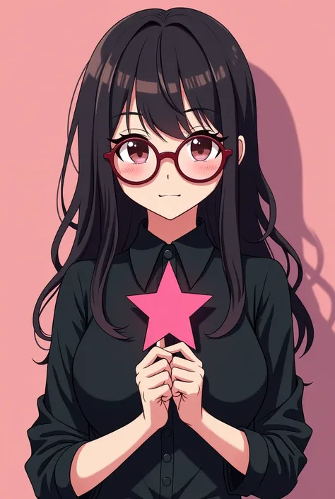 Anime girl with glasses and a black blouse holding a pink star,  anime art style Moe , flat anime style shading, In an anime style , rin tohsaka, personag in anime style, flat anime style,  in anime style,  fanart by Marin Kitagawa , made with anime painti...