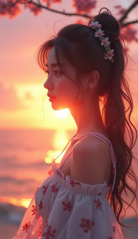  High Quality 、 8K ultra HD、女神のシルエットとサンセットコーストを組み合わせた美しい Double Exposure、 the sunset coast acts as a background、 Details have been captured by the Goddess 、Crisp lines、The background is monochrome、 sharp focus 、 Double Exposure、By yukisakura、 Amazing Full ...