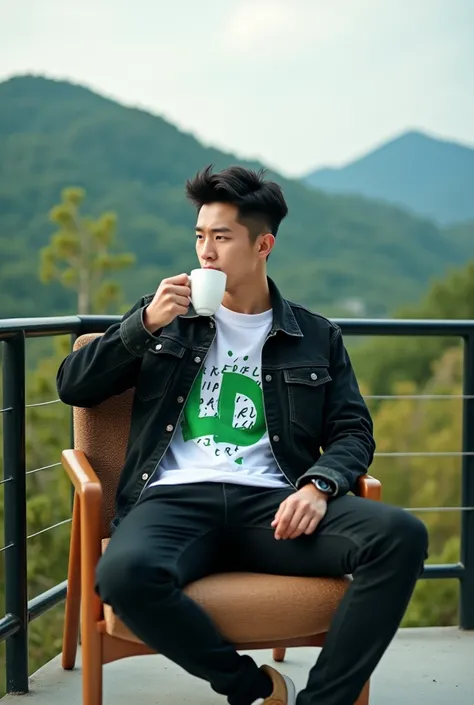 Photo of a handsome young Korean boy aged 20 , clean white face very handsome , black spiky hair,muscle body , wearing a casual black jeans jacket and a white t-shirt with text "LD" in graffiti style green ,  wearing black jeans ,and brown sneakers , sitti...