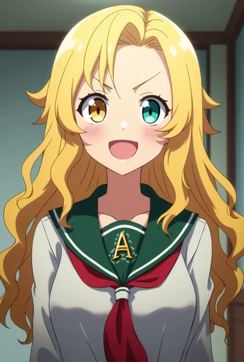 Screenshot of My Hero Academia 
Girl with long curly blond hair,  a heavenly eye and a green eye ,  slanted eyes , With an expression I cheered up ,  in a room at the UA standing , with the UA uniform