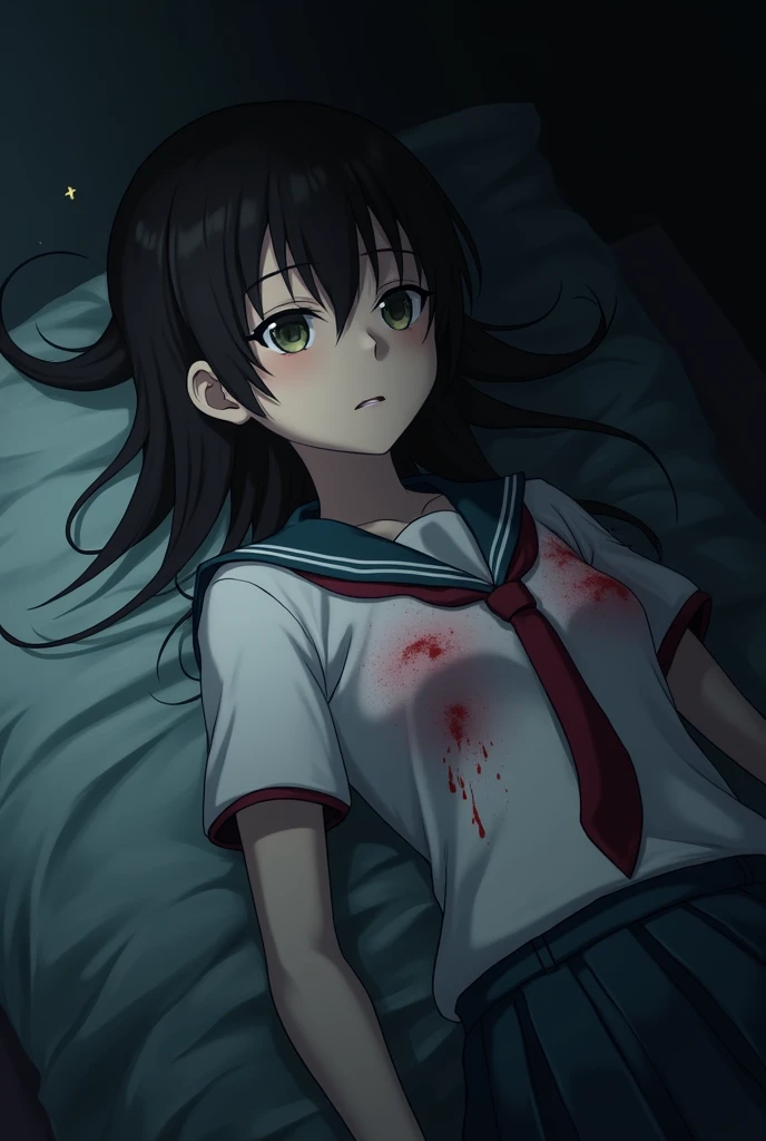 School girl anime injured and unconscious in the chest bleending