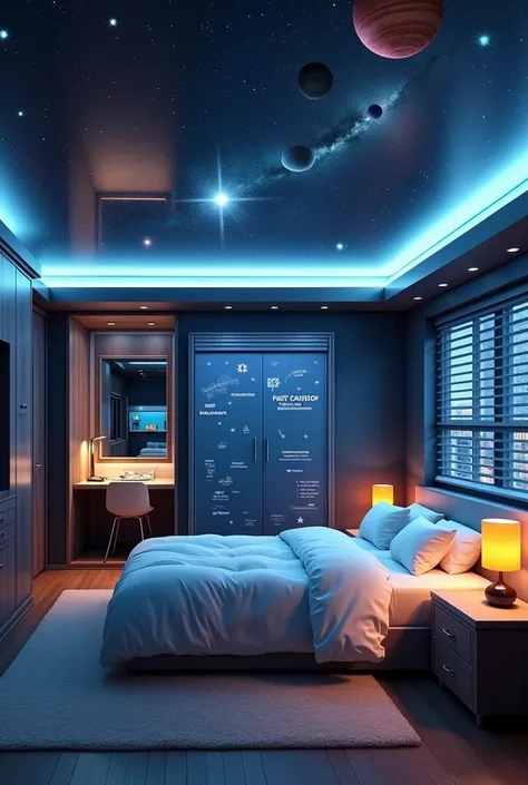 Room size 3 ,5x5, 00m for the physically disabled .  Ultra-technological space theme with a rocket-style closet and an aircraft bed. low lights,  with planets and stars . With motorized shutter. stars and planets