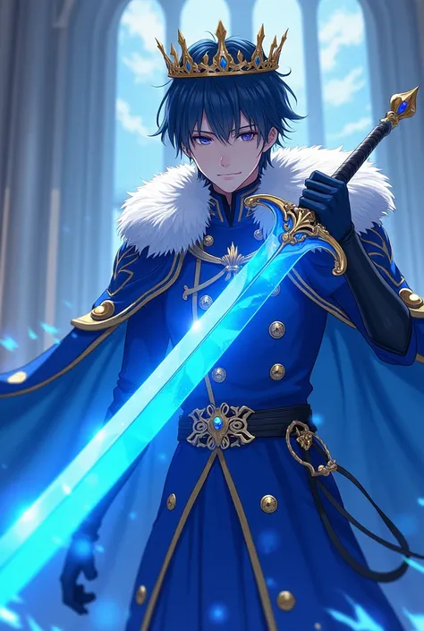 Anime model, short black hair, blue king outfit, crown, bright blue sword