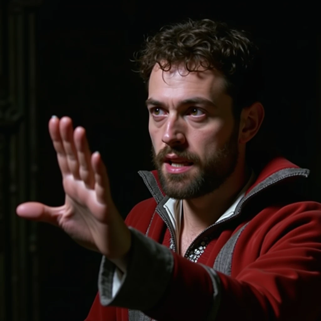 Vampire man,  clear eyes, short trimmed beard,  medium brown hair ,  fair skin ,  serious expression .  Wearing medieval dress , red and silver clothing .  Profile photo gesturing with the hand,  in a medieval night setting , night,  dark image.