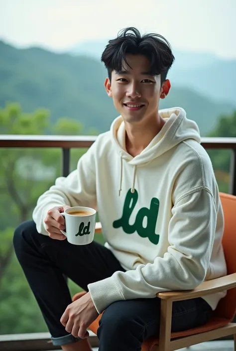 Photo of a handsome young Korean boy aged 20 , clean white face very handsome , black spiky hair,muscle body ,wear a sweater and a white hoodie with text"LD" in graffiti style green ,  wearing black jeans ,and brown sneakers ,was sitting smiling sweetly on...