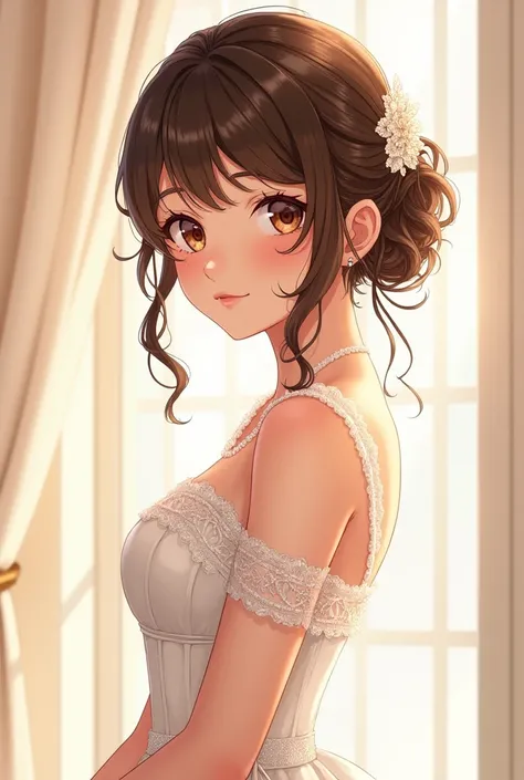 A GIRL WITH DARK BROWN HAIR AND LIGHT BROWN EYES, beautiful , linda, tender,  Beautiful hairstyle,  ADULT TYPE DRESS FOR HER WEDDING WITH SLEEVES COVERED ON HER BACK AND BREASTS, BUT BRIGHT AND BEAUTIFUL  . anime illustration