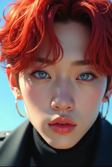 Jeon Jungkook with Red Hair and Blue Eyes.