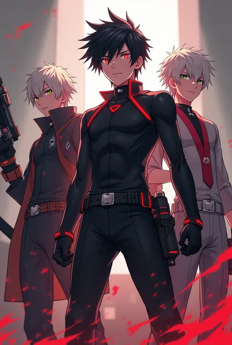 Create 3 persons anime teens boys one with white hair and red glowing eyes and a cool black uniform for figthing btw no guns
 and the other one with black hair red  glowing eyes and a cool fighting uniform and the last one with white hair  green eyes
And a...