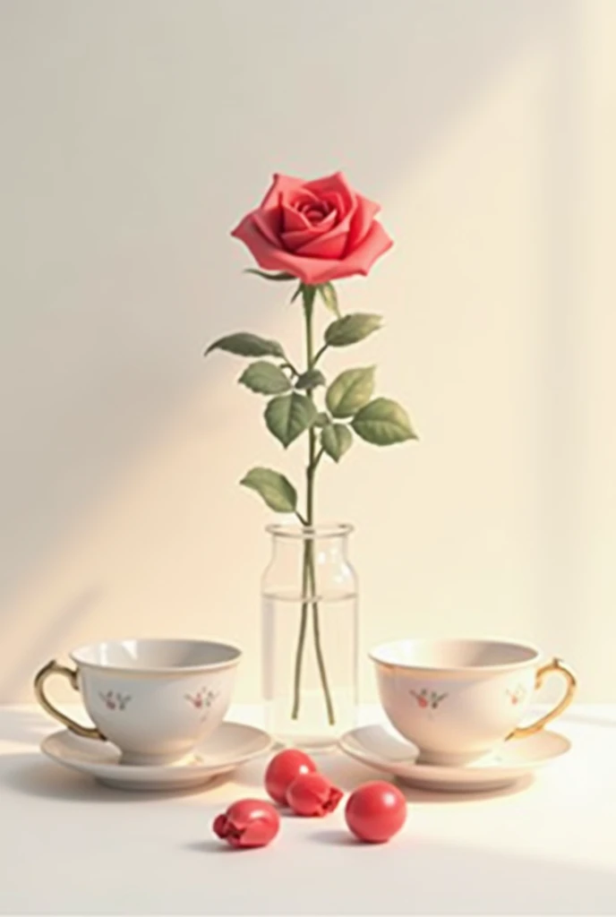 A single rose and 2 cup tea 