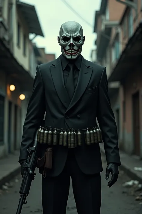 Man in a black suit scary mask with rifle in his hand and a grenade belt in a favela
