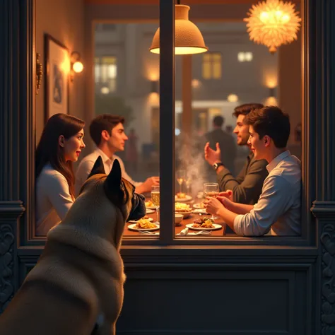 CREATES THE IMAGE OF A VERY HUNGRY DOG WATCHING MANY PEOPLE BEHIND THE WINDOW OF A RESTAURANT EATING A LOT OF FOOD IN A REALISTIC STYLE