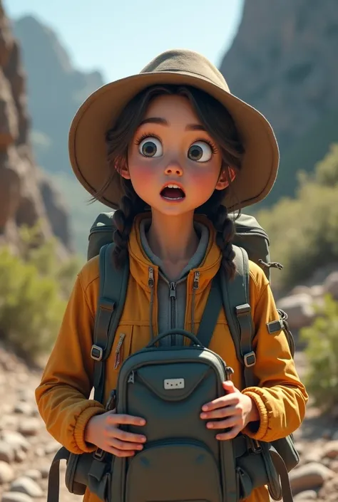 a young female geologist with a surprised face opening a backpack}