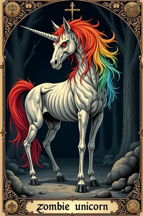 Une carte de tarot médiéval en gravure dune zombie unicorn  satanique à la crinière arc en ciel avec les mots "zombie unicorn "  written in Baroque 