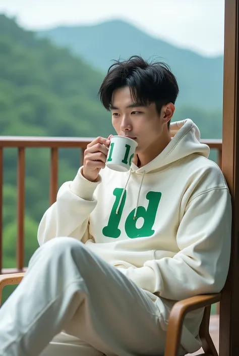  photo of a handsome Korean man aged 30, clean white face very handsome , black spiky hair,muscle body ,wear a sweater and a white hoodie with text"LD" in graffiti style green , wearing white sweatpants ,and white sports shoes , sitting smiling sweetly on ...