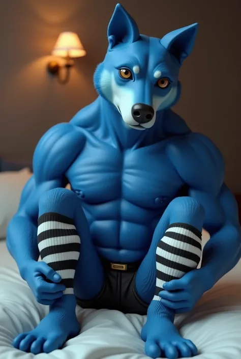 An anthro blue dog with black and white strpied thighs highs with 5 toes, on the bed,bulge,shirtless,pantless,sockless,muscles and not fat, raises the socked feet to make them be shown